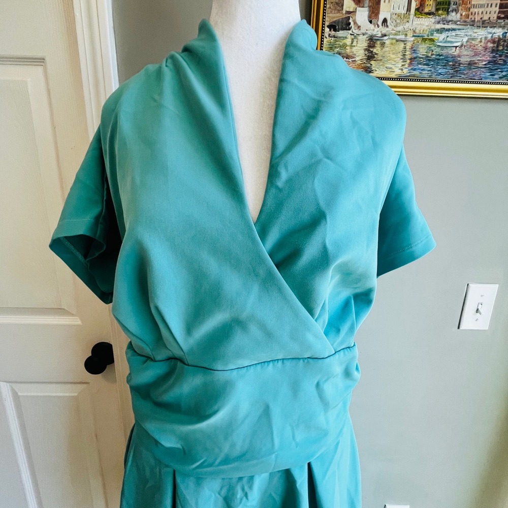 Miss Candyfloss Teal Blue Wrap Midi Dress Plus Size 4XL Vintage Pinup Rockabilly - Picture 3 of 11